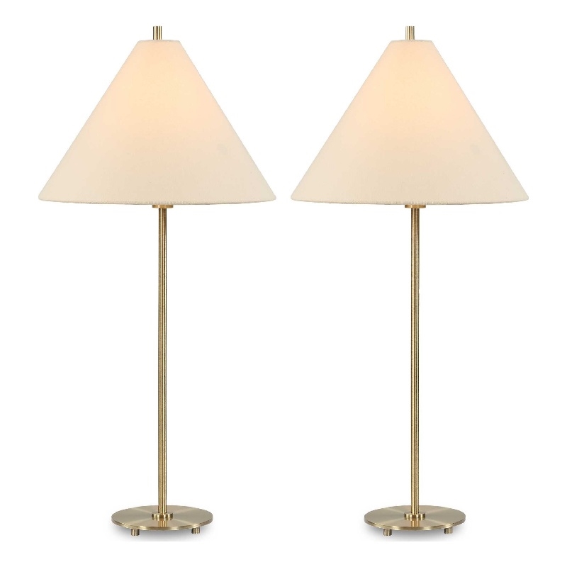 Table Lamp Set of 2- Plated Antique Brass- Off White Linen Shades