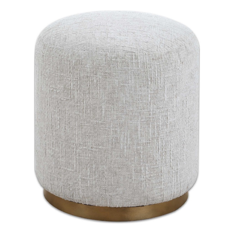 Accent Stool- Foam Fill Off White Polyester- Brushed Brass Iron 18 Inch