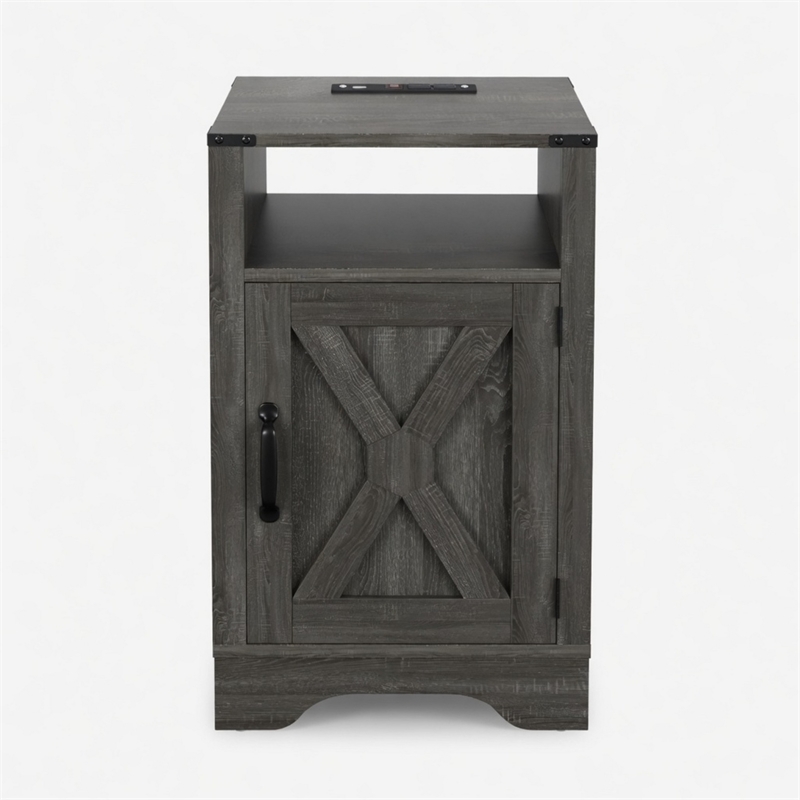 Layla Nightstand- Charging Station- Shelf- and Cabinet- Dark Gray Wood