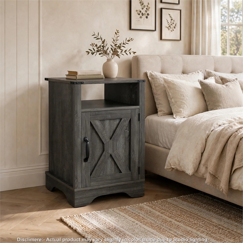 Layla Nightstand- Charging Station- Shelf- and Cabinet- Dark Gray Wood