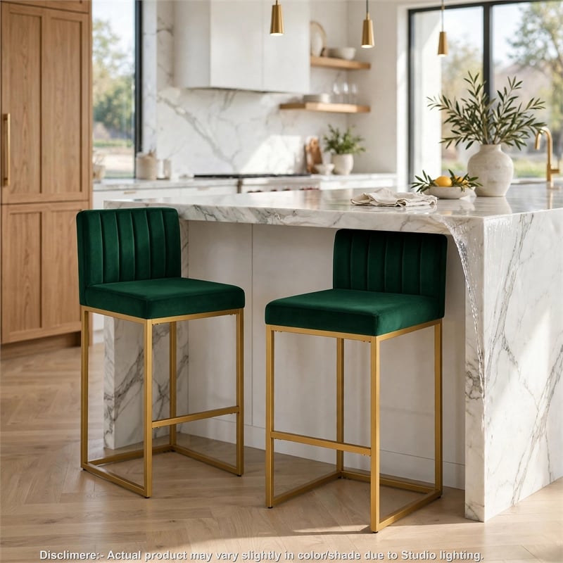 Enola Counter-Height Bar Stool Chair- Set of 2- Gold Metal- Jade Velvet