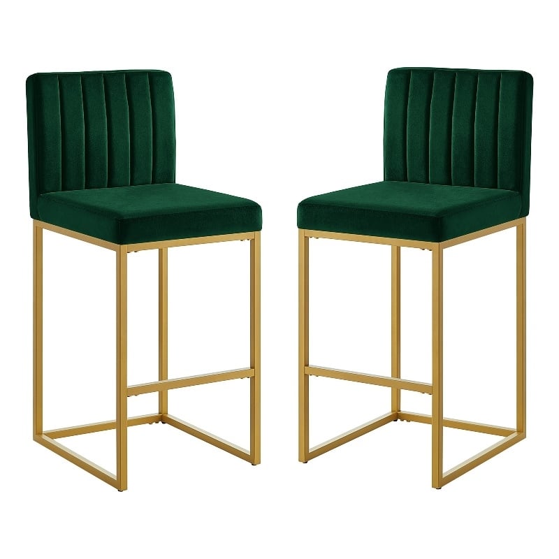 Enola Counter-Height Bar Stool Chair- Set of 2- Gold Metal- Jade Velvet