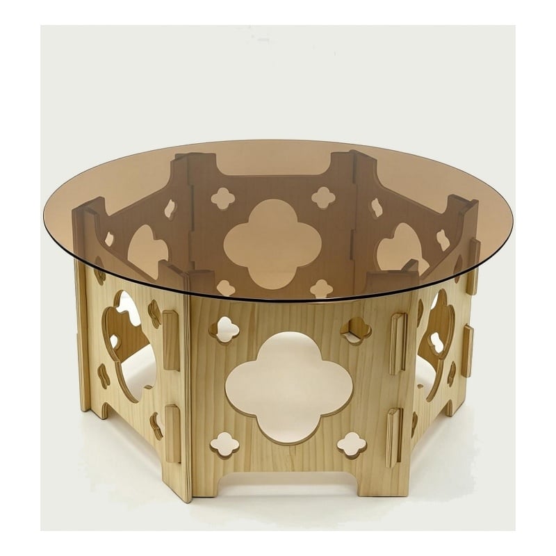 Bekko Round Coffee Table with Glass Top- Carved Natural Wood Base 32 Inch