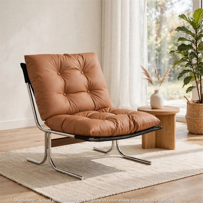 Edens Accent Chair with Chrome Metal Frame- Brown Tufted Faux Leather