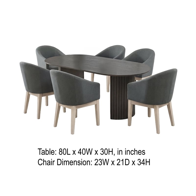 Beny 7pc Oval Dining Table Set- Fluted Pedestal Base- Wood- Gray Fabric
