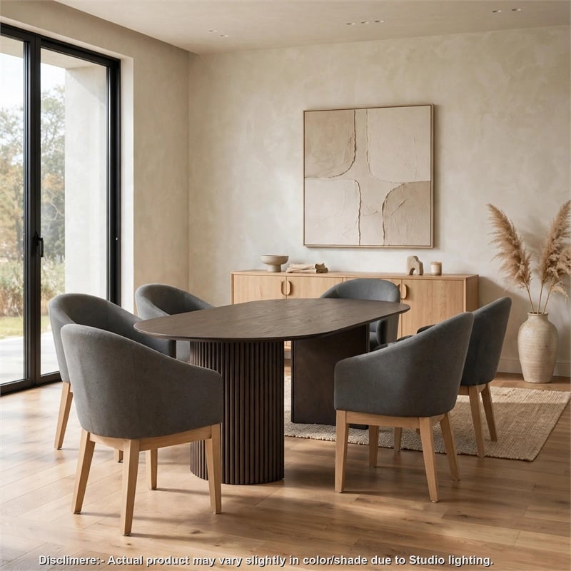 Beny 7pc Oval Dining Table Set- Fluted Pedestal Base- Wood- Gray Fabric