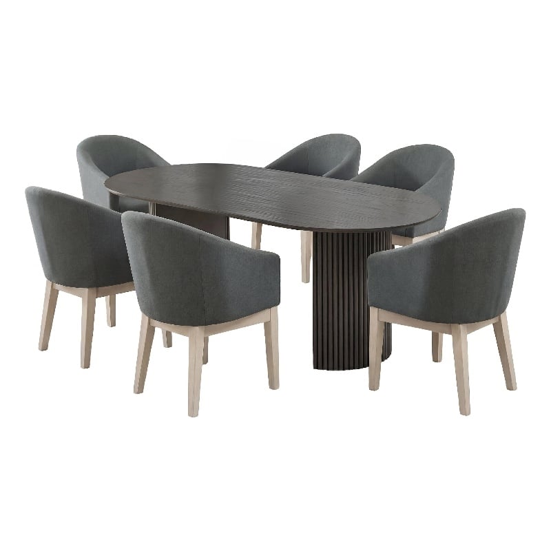 Beny 7pc Oval Dining Table Set- Fluted Pedestal Base- Wood- Gray Fabric