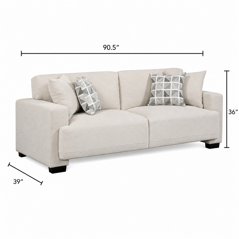 Covey Sofa with 4 Accent Pillows- Rubberwood Legs- Beige Chenille