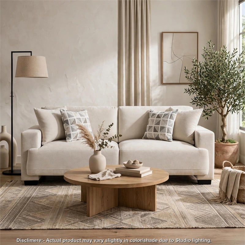 Covey Sofa with 4 Accent Pillows- Rubberwood Legs- Beige Chenille