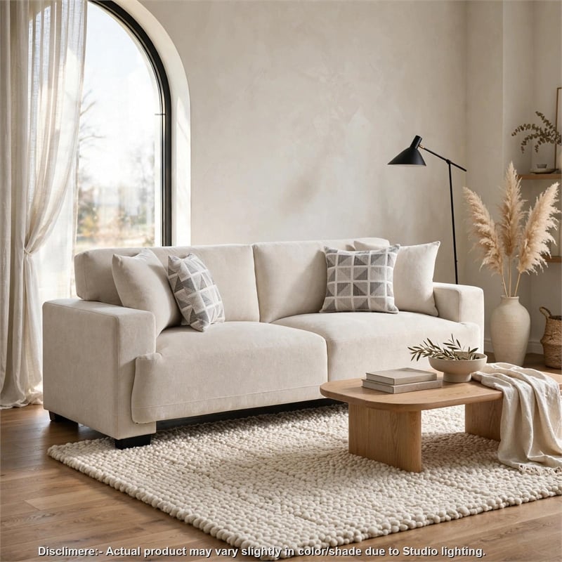 Covey Sofa with 4 Accent Pillows- Rubberwood Legs- Beige Chenille