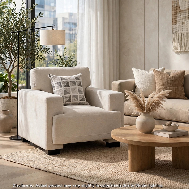 Covey Accent Chair with 1 Pillow and Rubberwood Legs- Beige Chenille