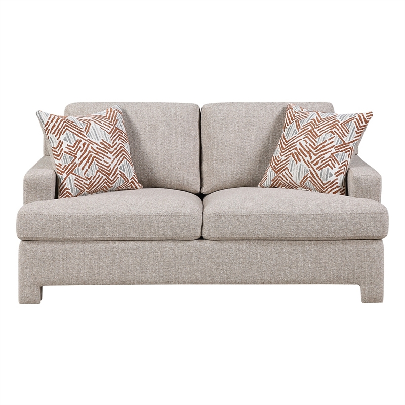 Evany Loveseat with 2 Accent Pillows- Upholstered Legs- Taupe Chenille
