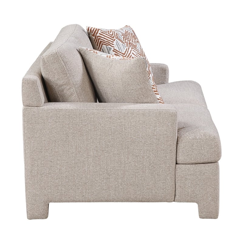 Evany Loveseat with 2 Accent Pillows- Upholstered Legs- Taupe Chenille