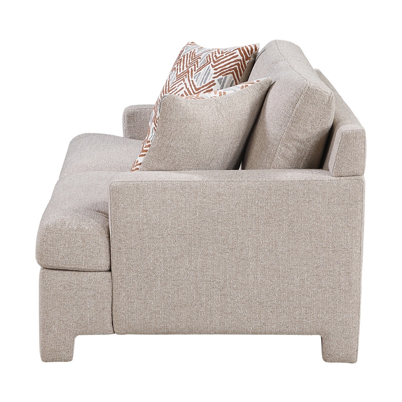 Evany Loveseat with 2 Accent Pillows- Upholstered Legs- Taupe Chenille