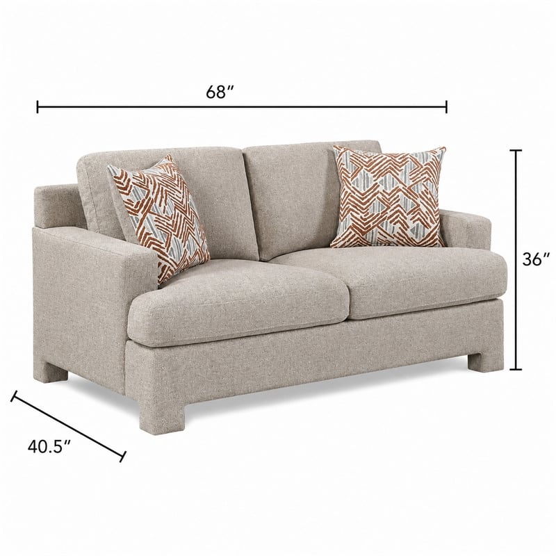 Evany Loveseat with 2 Accent Pillows- Upholstered Legs- Taupe Chenille