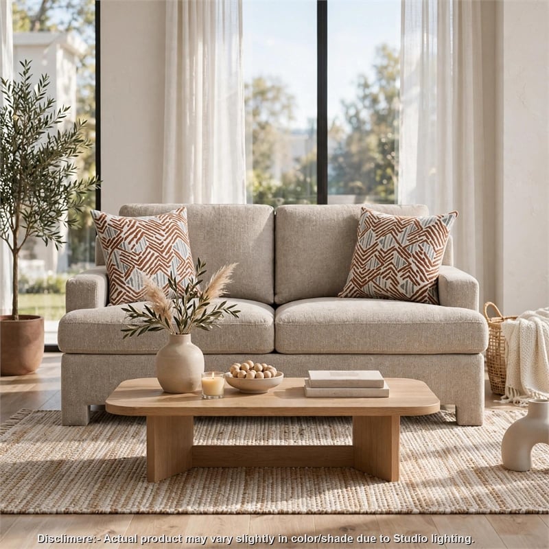 Evany Loveseat with 2 Accent Pillows- Upholstered Legs- Taupe Chenille