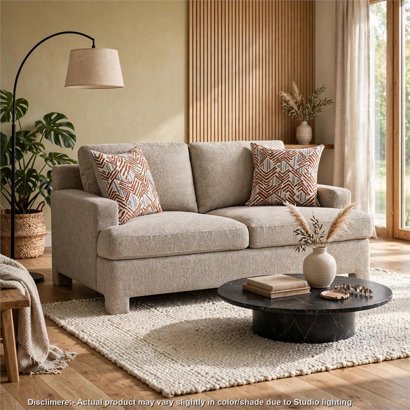 Evany Loveseat with 2 Accent Pillows- Upholstered Legs- Taupe Chenille