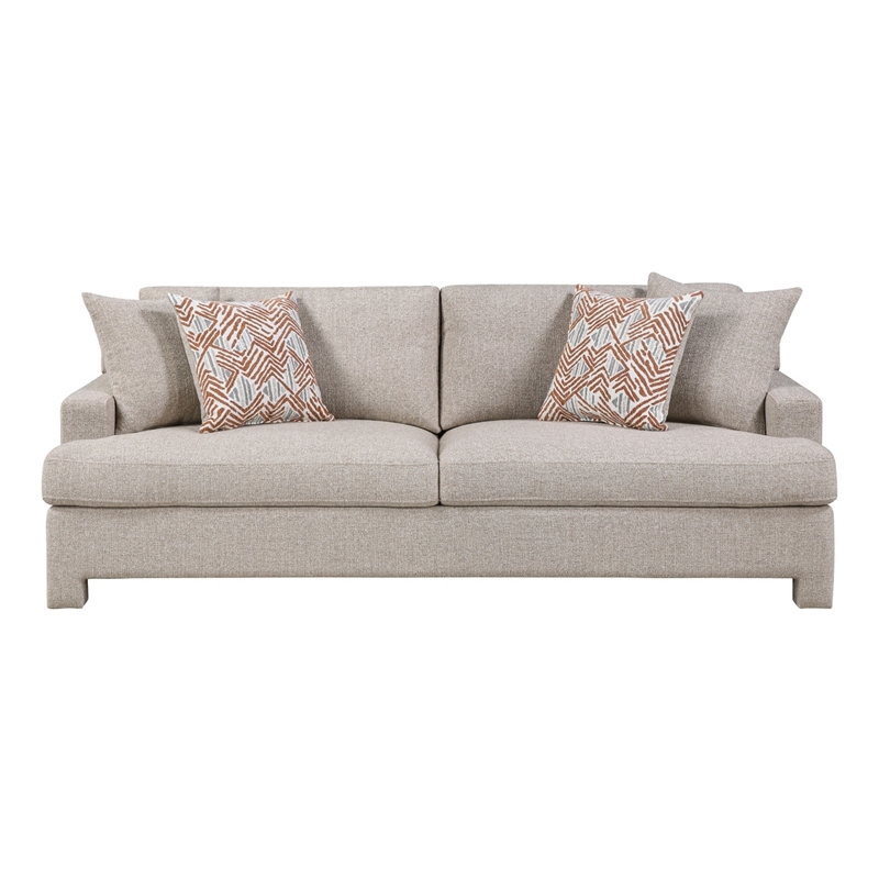 Evany Sofa with 4 Accent Pillows- Upholstered Legs- Taupe Chenille