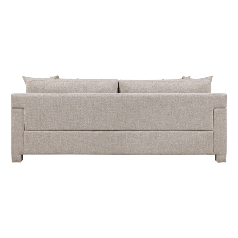 Evany Sofa with 4 Accent Pillows- Upholstered Legs- Taupe Chenille