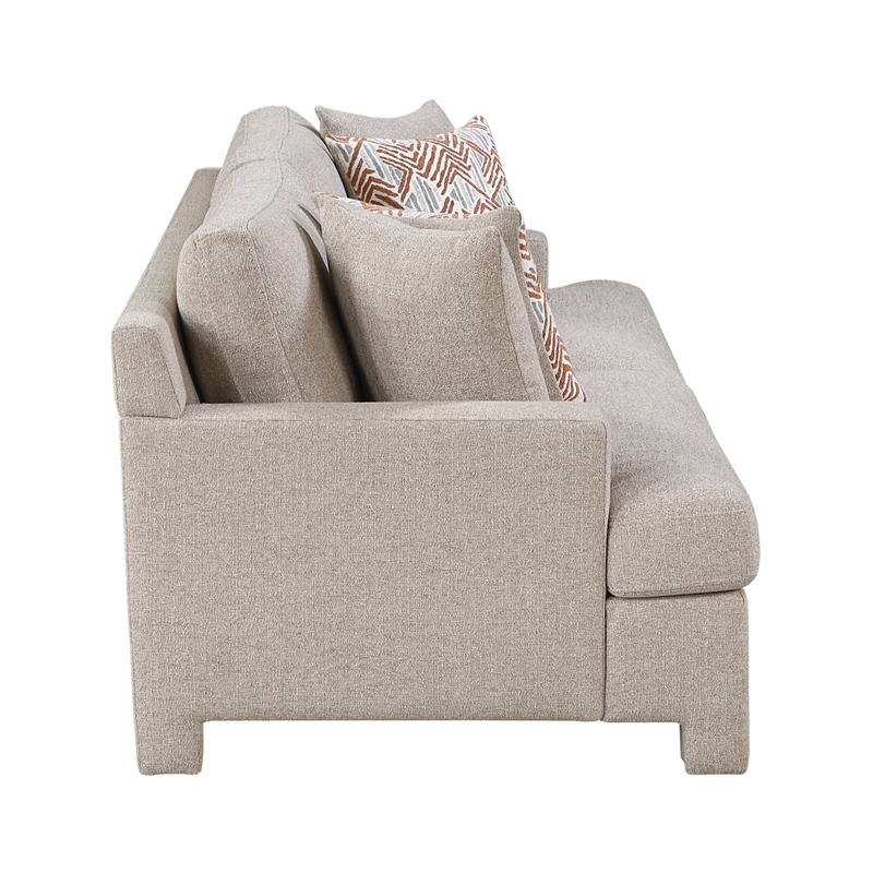 Evany Sofa with 4 Accent Pillows- Upholstered Legs- Taupe Chenille