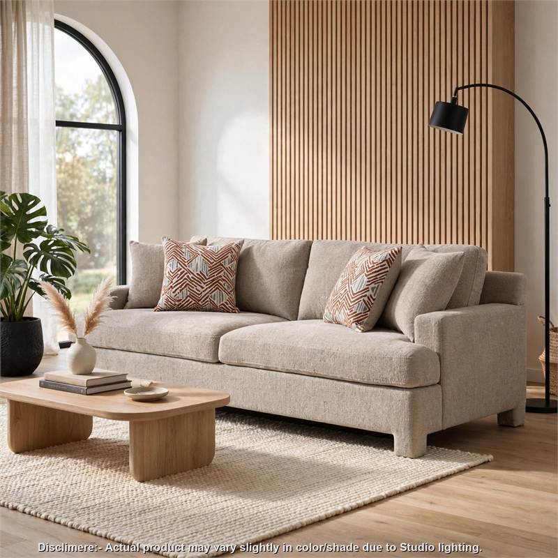 Evany Sofa with 4 Accent Pillows- Upholstered Legs- Taupe Chenille