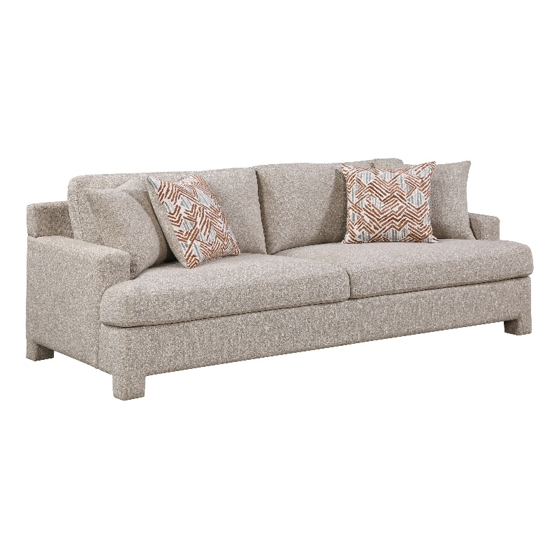 Evany Sofa with 4 Accent Pillows- Upholstered Legs- Taupe Chenille