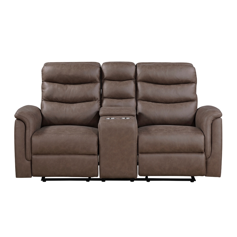 Meloni Glider Reclining Loveseat- Console and Holders- Brown Fabric