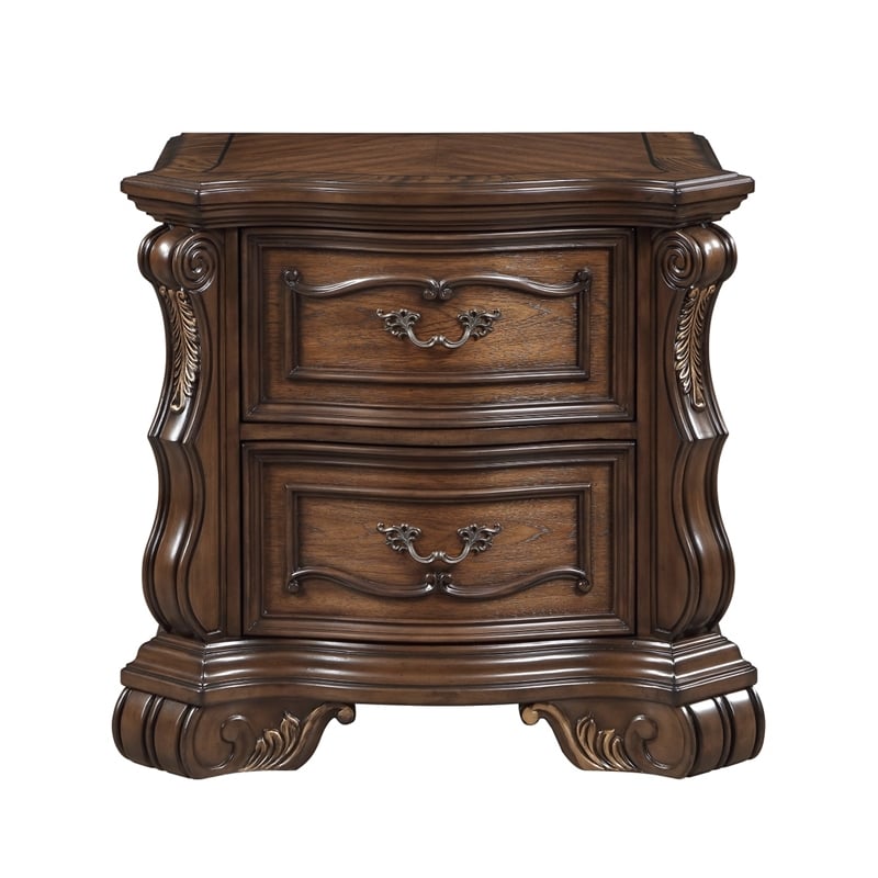 Gony Nightstand- 2 Drawers- Traditional Carving- Gold Accents- Dark Brown