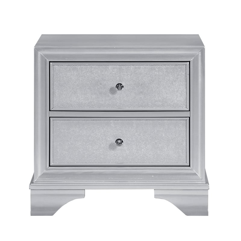 Aman Nightstand- 2 Drawers- Embossed Front- Acrylic Diamond Knobs- Silver