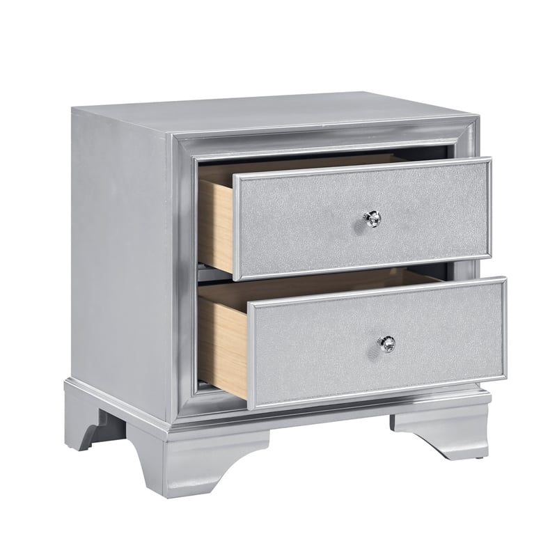 Aman Nightstand- 2 Drawers- Embossed Front- Acrylic Diamond Knobs- Silver