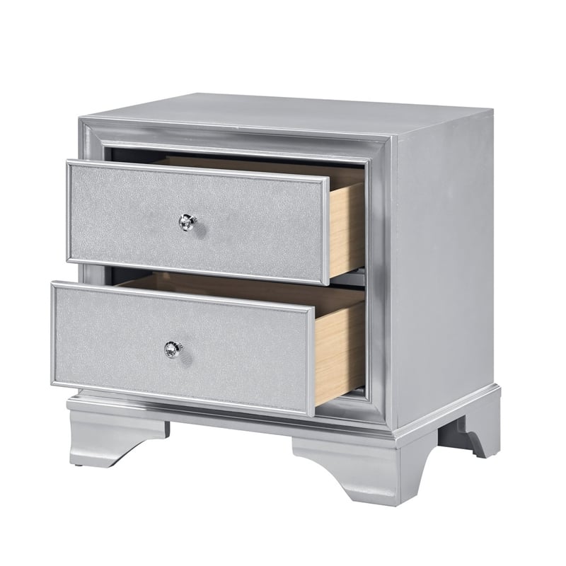 Aman Nightstand- 2 Drawers- Embossed Front- Acrylic Diamond Knobs- Silver