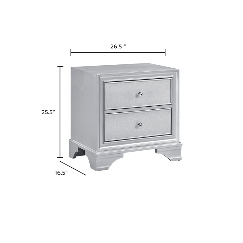 Aman Nightstand- 2 Drawers- Embossed Front- Acrylic Diamond Knobs- Silver