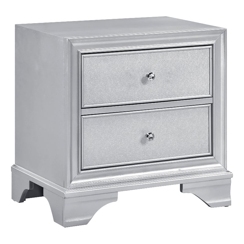Aman Nightstand- 2 Drawers- Embossed Front- Acrylic Diamond Knobs- Silver