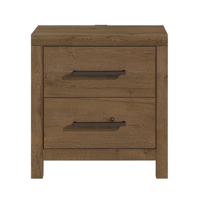 Masi Nightstand- 2 Drawers- Built-In USB Ports- Transitional Style- Brown