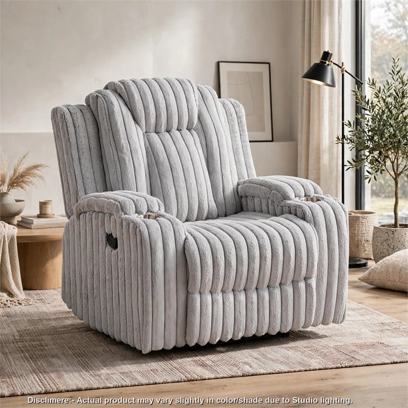 Phil Tab-Pull Recliner Chair with Cup Holders- Light Gray Corduroy