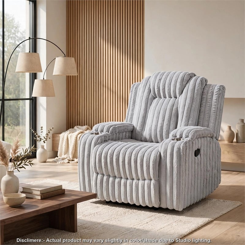 Phil Tab-Pull Recliner Chair with Cup Holders- Light Gray Corduroy