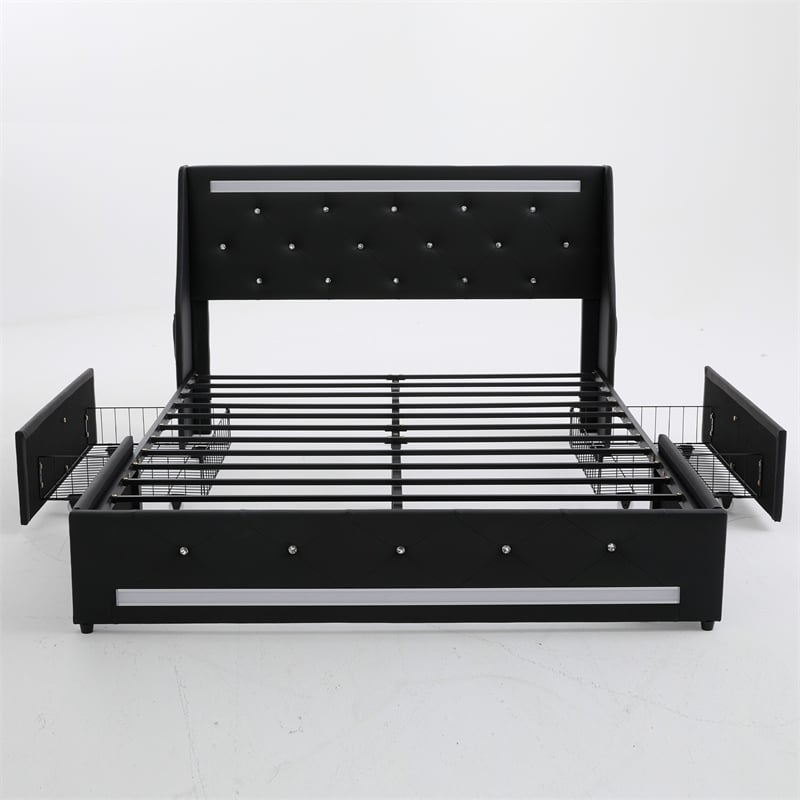 Lesly Storage Full Bed- LED Wingback Headboard- Black Faux Leather