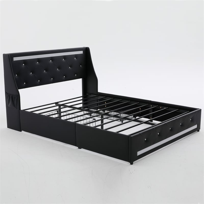 Lesly Storage Full Bed- LED Wingback Headboard- Black Faux Leather