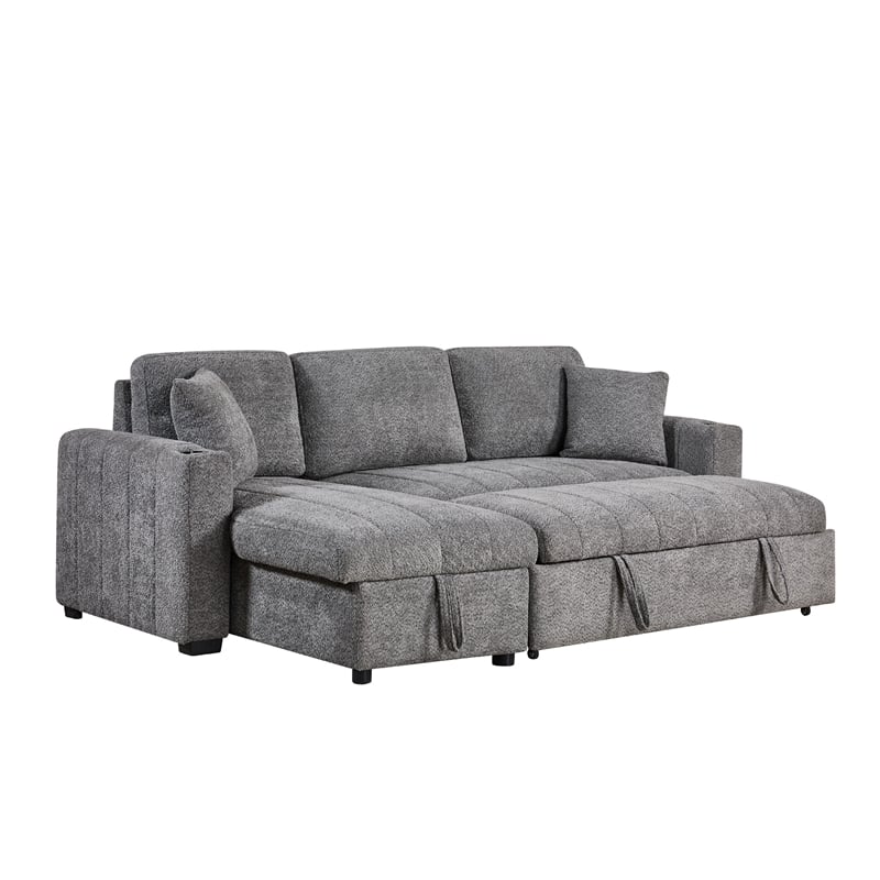 Sery Sleeper Sectional- Storage Chaise- 2 Accent Pillows- Gray Boucle