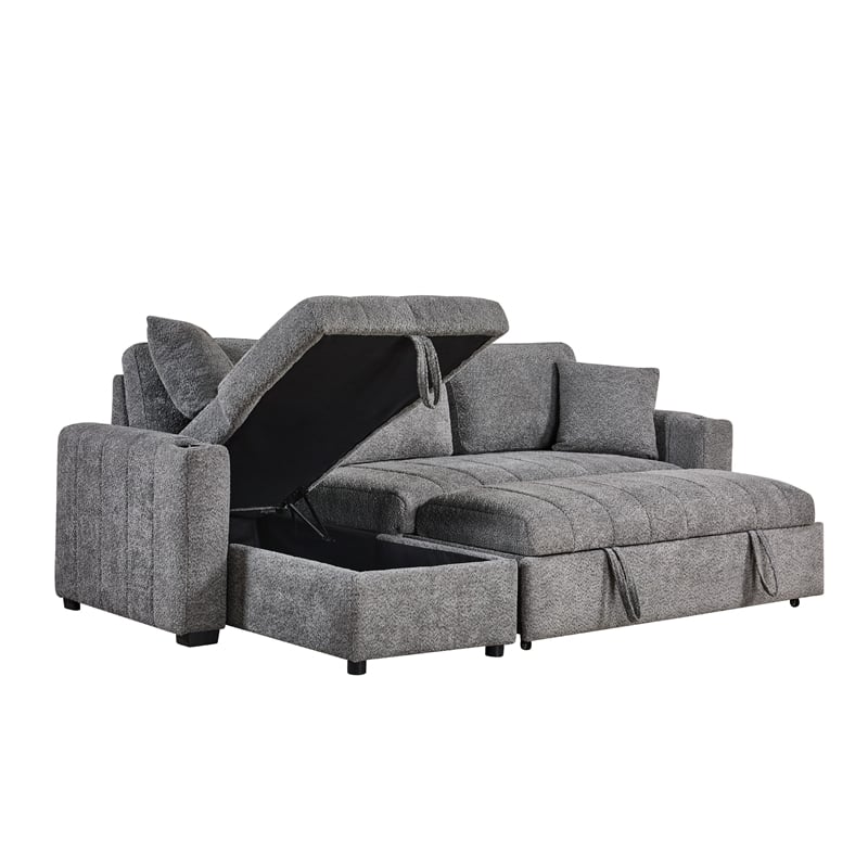 Sery Sleeper Sectional- Storage Chaise- 2 Accent Pillows- Gray Boucle
