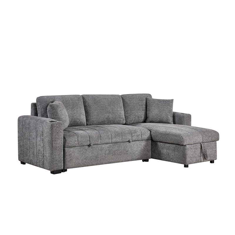 Sery Sleeper Sectional- Storage Chaise- 2 Accent Pillows- Gray Boucle