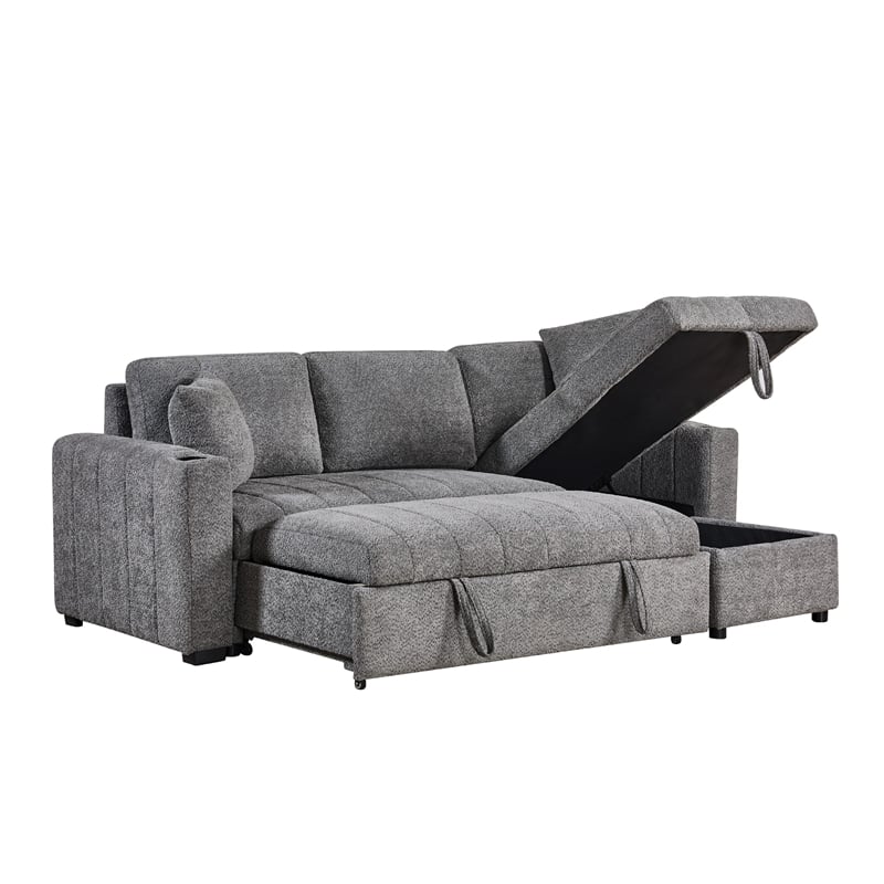 Sery Sleeper Sectional- Storage Chaise- 2 Accent Pillows- Gray Boucle