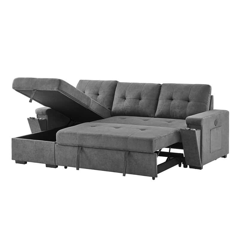 Oby Sleeper Sectional with Storage Chaise and USB Ports- Gray Fabric