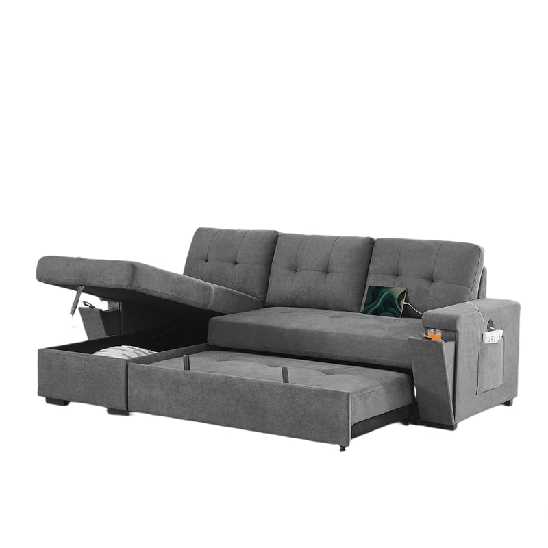 Oby Sleeper Sectional with Storage Chaise and USB Ports- Gray Fabric