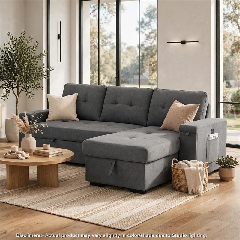 Oby Sleeper Sectional with Storage Chaise and USB Ports- Gray Fabric