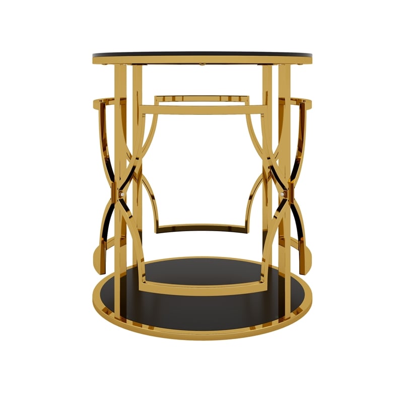 Bezzo Gold Round Side Table- Black Glass Top and Shelf- Metal Base- 22 Inch