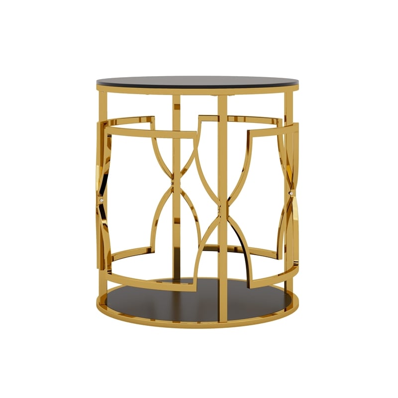 Bezzo Gold Round Side Table- Black Glass Top and Shelf- Metal Base- 22 Inch