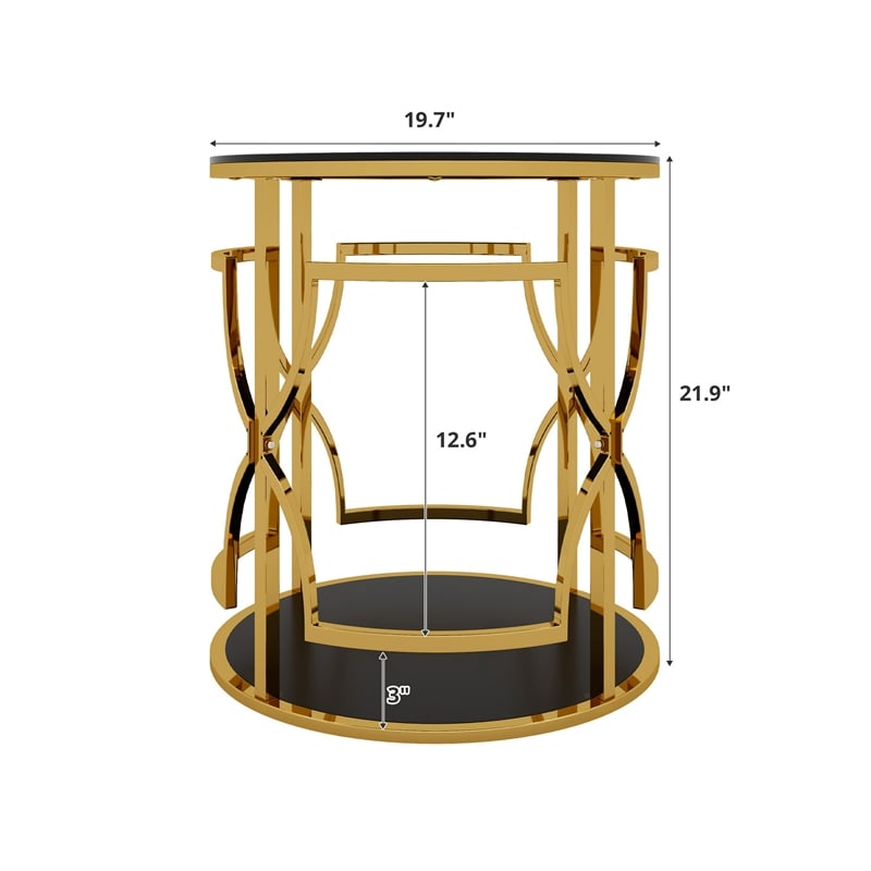Bezzo Gold Round Side Table- Black Glass Top and Shelf- Metal Base- 22 Inch
