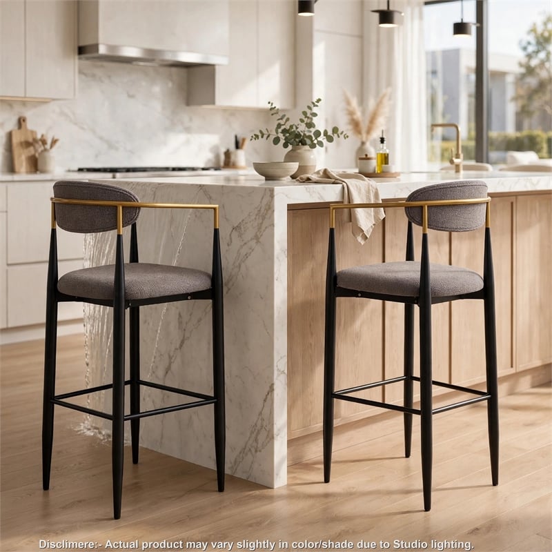 Avime Modern Barstool Chair- Set of 2- Gold Metal Armrests- Gray Fabric
