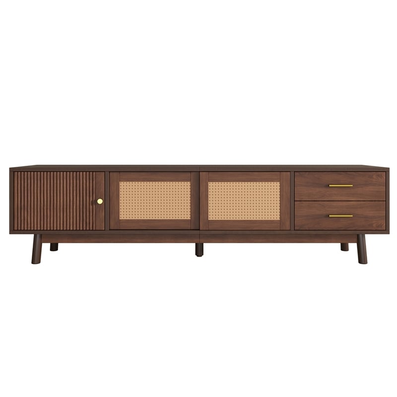TV Media Cabinet- Rattan Sliding Doors- 2 Drawers- Dark Brown 71 Inch